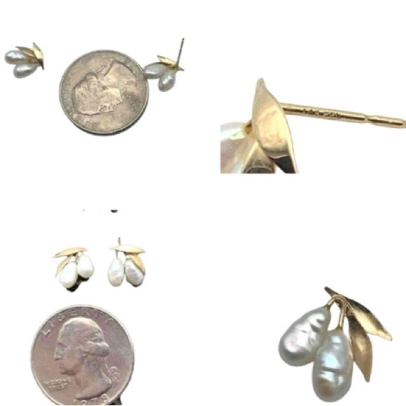 14K Yellow Gold Baroque Pearl Stud Earrings Fruit Motif Leaf Cluster 0.7g (FLAW) - Picture 16 of 16